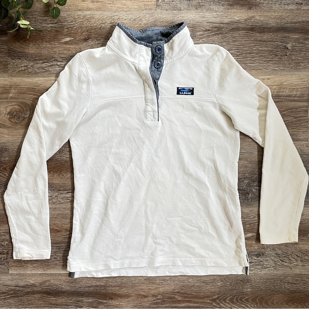LL Bean Women's White Cotton French Terry 1/4 Button Pullover with Navy Trim